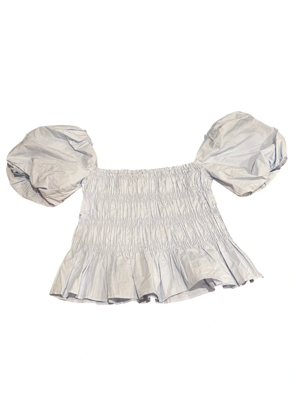 ASTR The Label Light Blue Smocked Puff Sleeve Peplum Top Size L